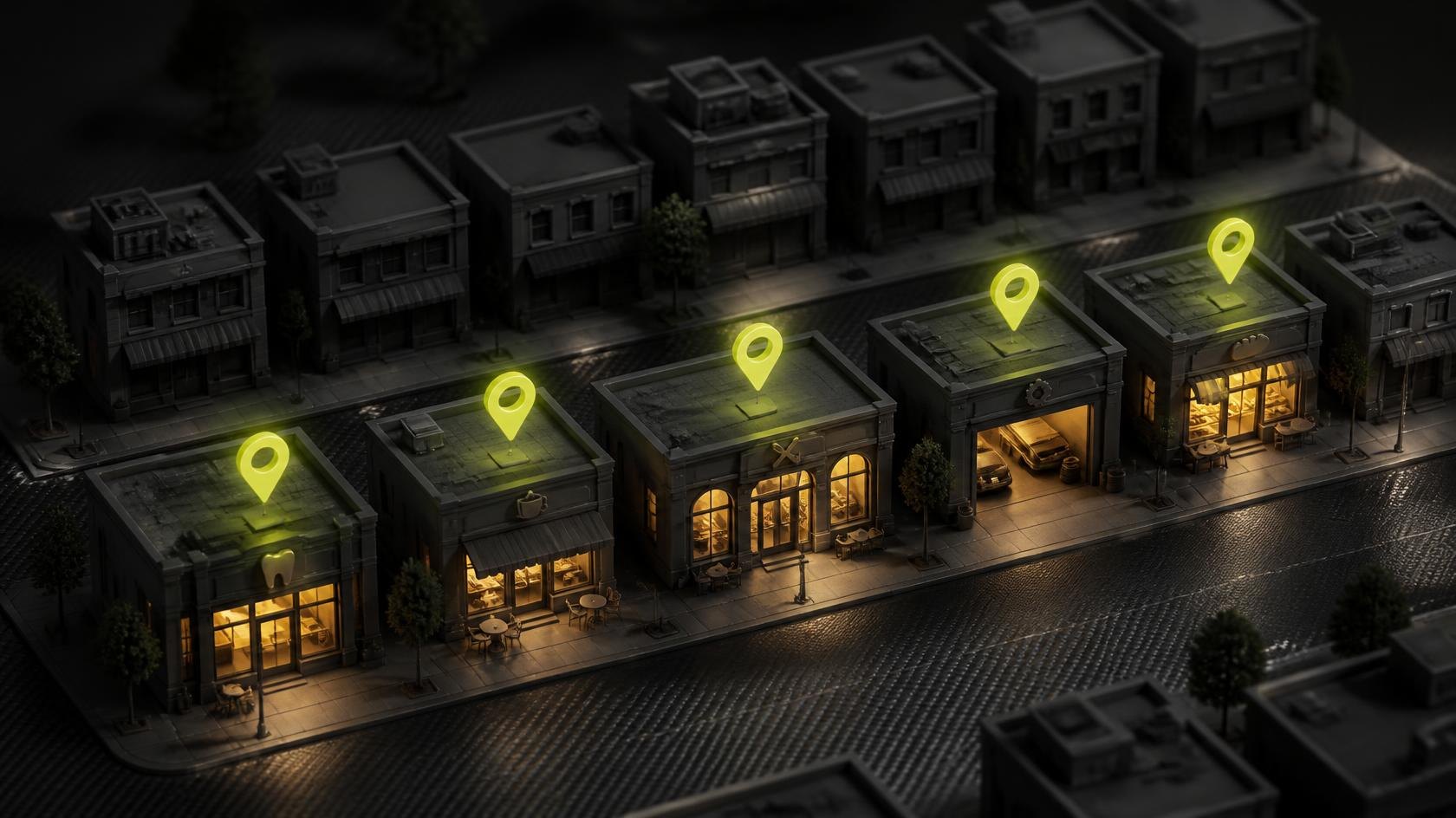 A city street at night with glowing pins over the shops that are ready to buy