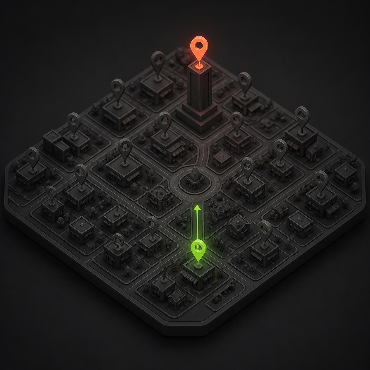 A rival business pin standing above a smaller local business on a map