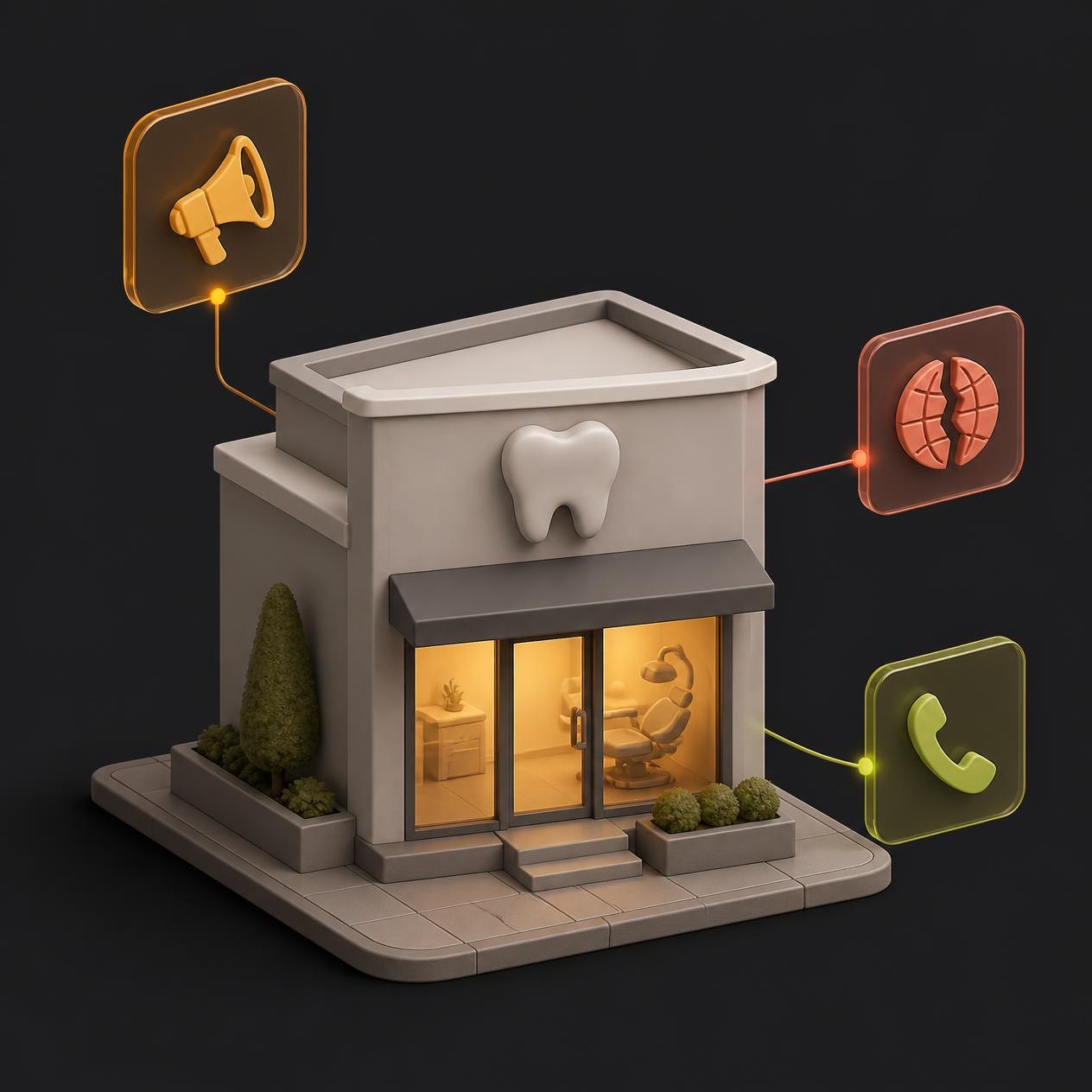 A local clinic with floating tags for ads, website and phone